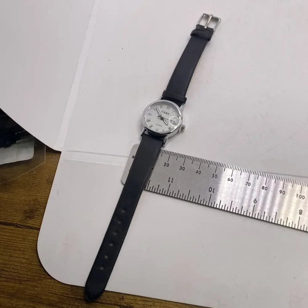 Cary Womens Silver Tone Black Leather Watch Works New Battery